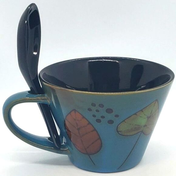 Blue Black Leaf Design Stoneware Soup Mug with Spoon - Picture 9 of 11